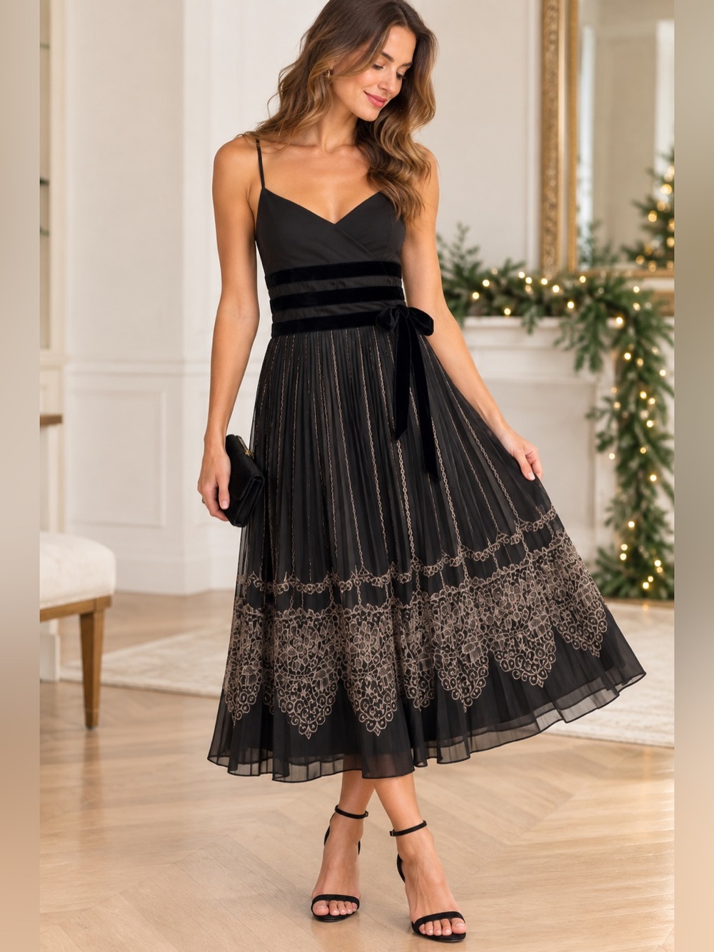 LOFT Black Pleated Midi Dress Velvet Bow Holiday Cocktail Romantic Size 8